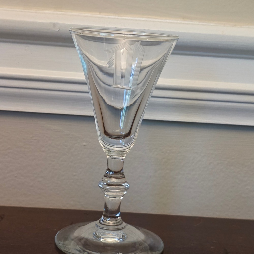 Vintage Etched Monogram M Cordial Glass Clear Stemmed Liqueur Barware 4.75 Inch